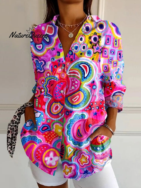 Women's Retro Floral Print Casual Cotton Shirt