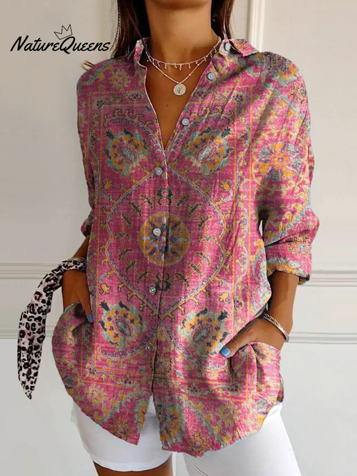 Women's Colorful Retro Totem Print Casual Cotton Shirt