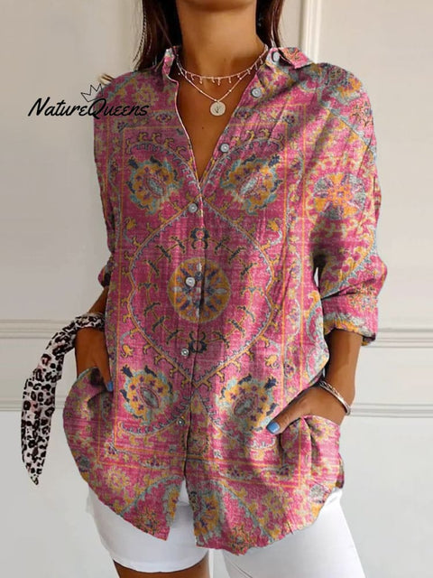 Women's Colorful Retro Totem Print Casual Cotton Shirt