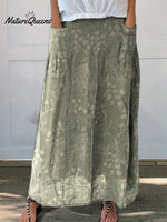 Women’s Retro Elegant Floral Art Linen Elastic Waistband Pocket Skirt