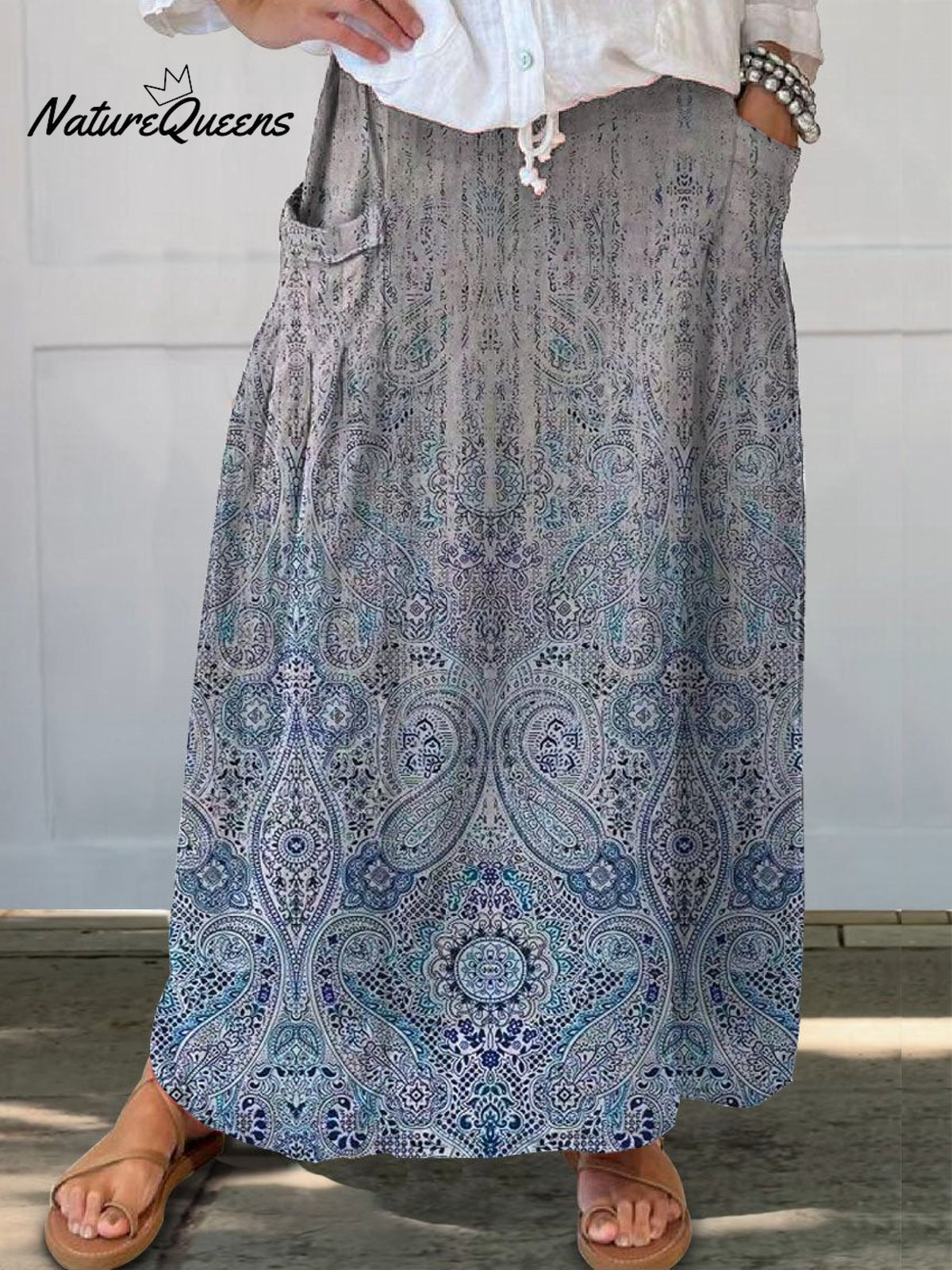 Women’s Retro Elegant Ethnic Art Pattern Print Linen Pocket Skirt Multicolor / S