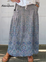 Women’s Retro Elegant Ethnic Art Pattern Print Linen Pocket Skirt Multicolor / S