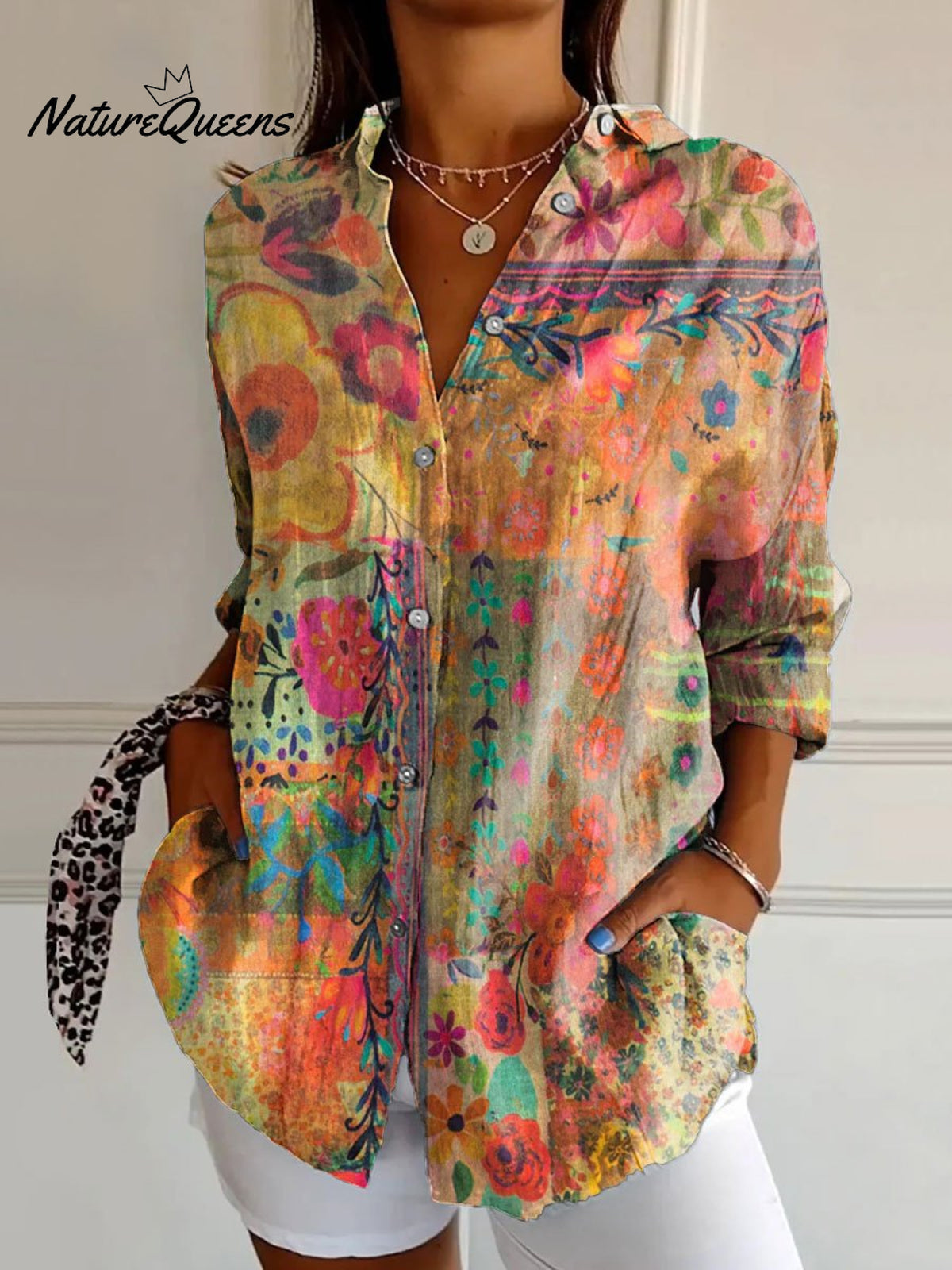 Women's Vintage Flower Print Casual Cotton Shirt