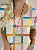 Geometric Plaid Pattern Printed Women's Casual Cotton And Linen Shirt