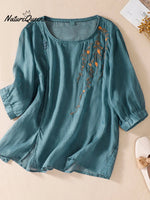 Women's Heavy Industry Embroidered Thin Cotton and Linen Crew Neck T-shirt