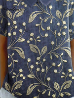 Women’s Retro Floral Art Print Casual Cotton And Linen Shirt