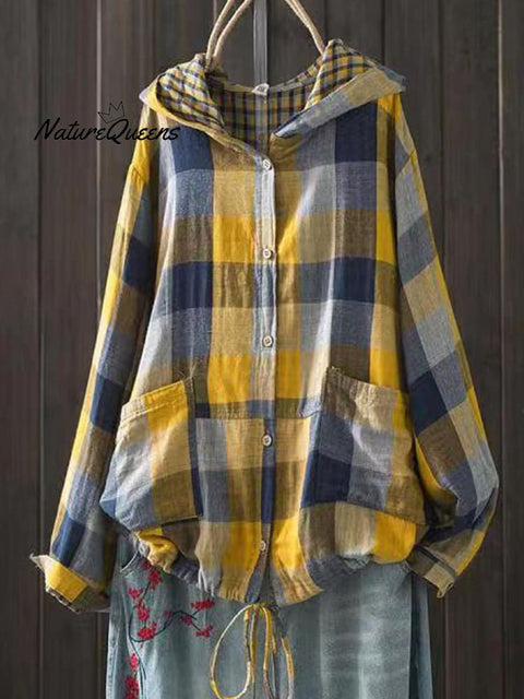 Women's Stylish Casual Hooded Double Layer Cotton Plaid Shirt