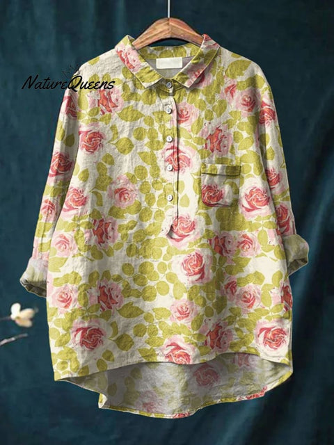 Women's Floral Art Print Casual Cotton And Linen Shirt