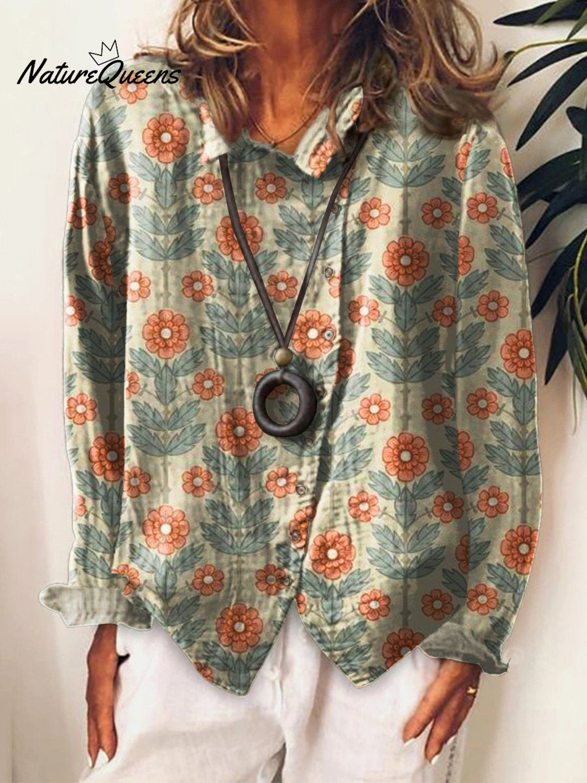 Women’s Flower Art Print Cotton & Linen Casual Long Shirt Multicolor / S