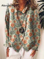 Women’s Flower Art Print Cotton & Linen Casual Long Shirt Multicolor / S
