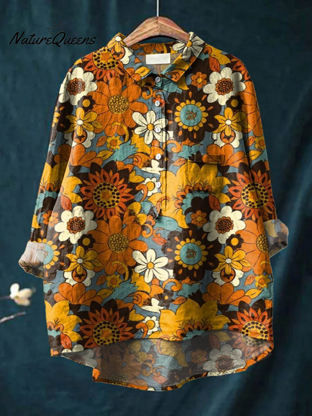 Women's Vintage Lovely Flowers Art Print Casual Cotton And Linen Shirt