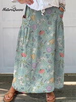 Blooming Spring Floral And Bumble Bee Pattern Printed Women's Linen Pocket Skirt