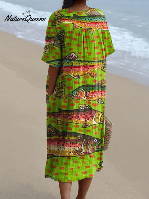 Women's Fun Red and Green Polka Dot Fish Watercolor Splash Fluid Art Print Flowy Dress