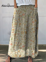 Women’s Retro Elegant Floral Art Pattern Print Linen Pocket Skirt