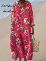 Women's Artistic Flower Pattern Cotton and Linen Short Sleeve Top