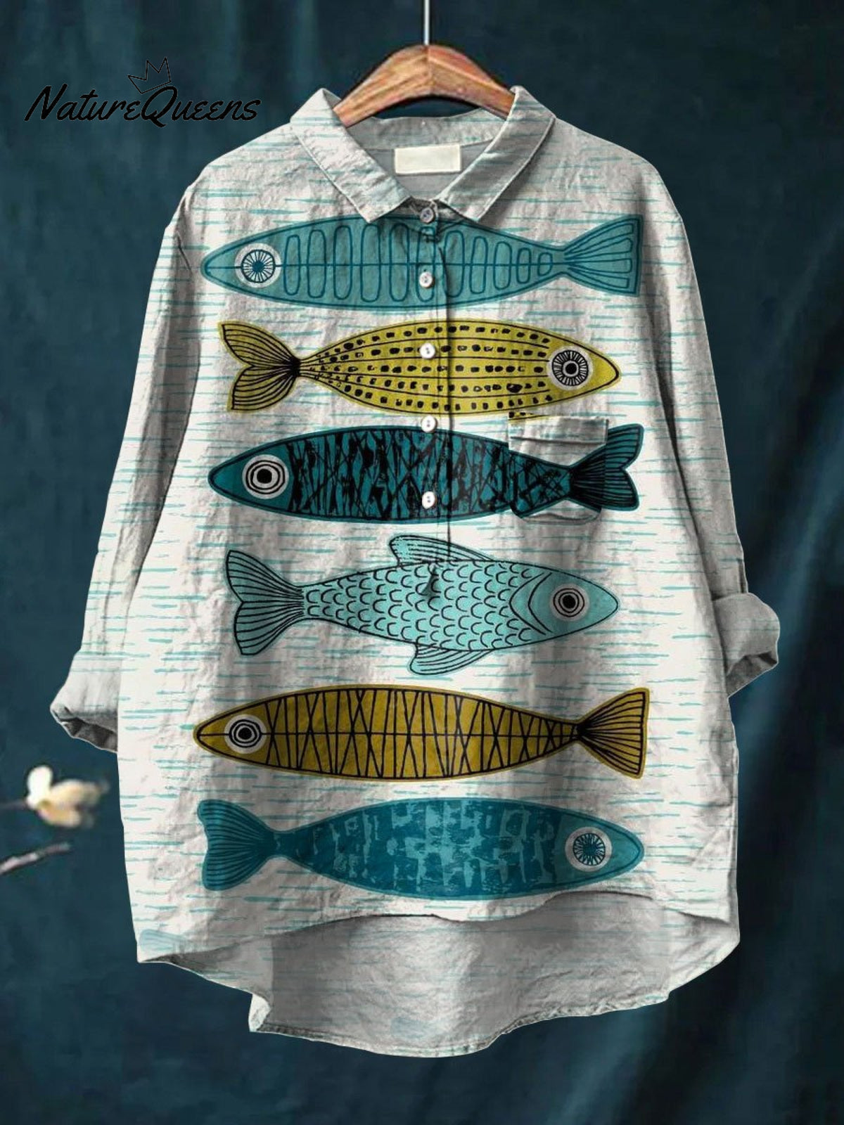 Fish Printed Women's Casual Cotton And Linen Shirt