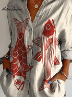 Women's Red Fish Vintage Art Print Casual Cotton Shirt