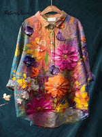 Women's Vintage Flower Art Print Casual Cotton And Linen Shirt