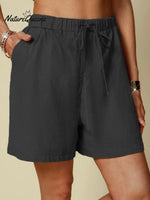 Cotton And Linen Solid Colour Casual Elastic Waist Tie Style Shorts Black / S