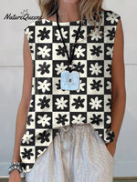 Lovely Floral And Check Pattern Printed Women's Casual Cotton And Linen Tank Top