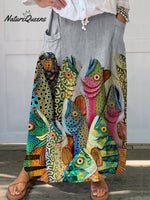 Women's Vintage Funny Fish Art Print Casual Linen Pocket Skirt