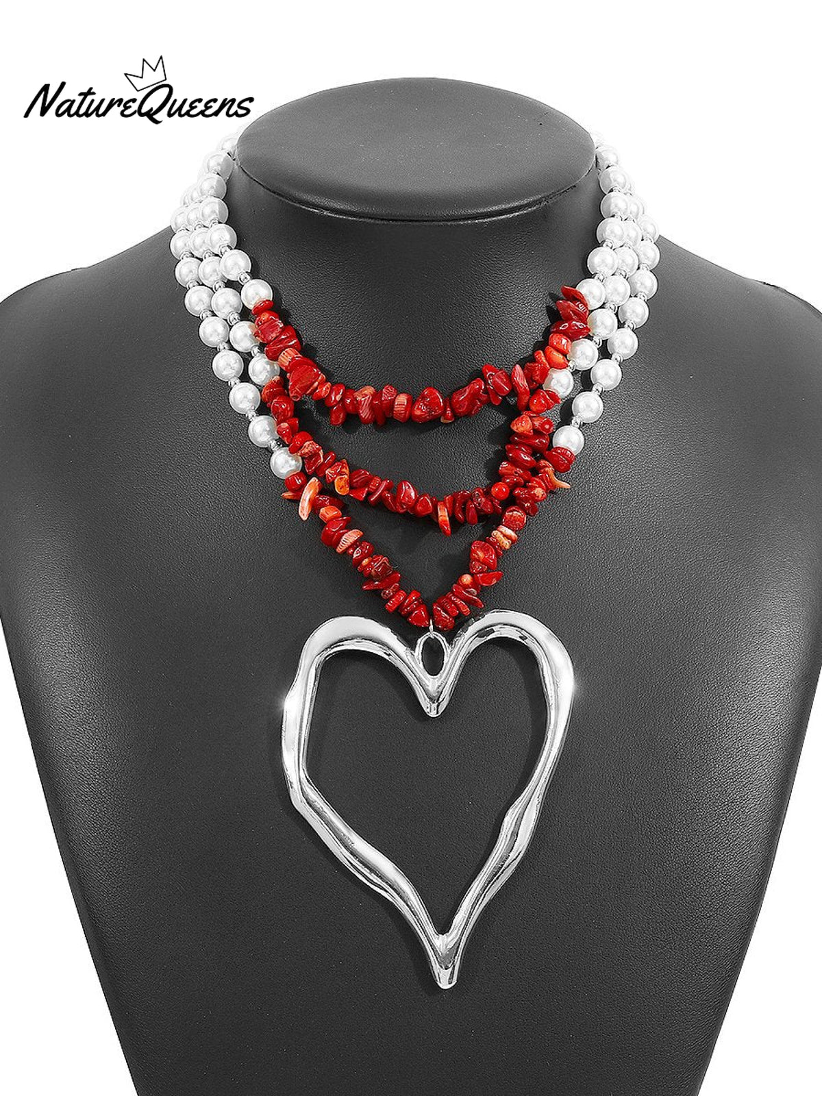 Bohemian Multi - Layered Large Heart Beaded Necklace Red2 / Onesize
