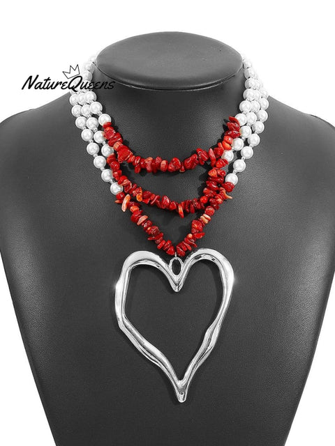 Bohemian Multi - Layered Large Heart Beaded Necklace Red2 / Onesize