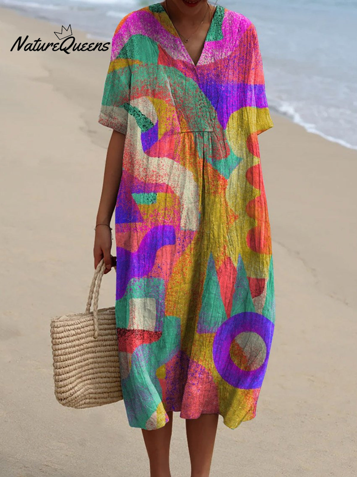 Women's Vintage Abstract Painting Art Print Flowy Dress