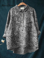 Women's Retro Floral Art Print Casual Cotton And Linen Shirt