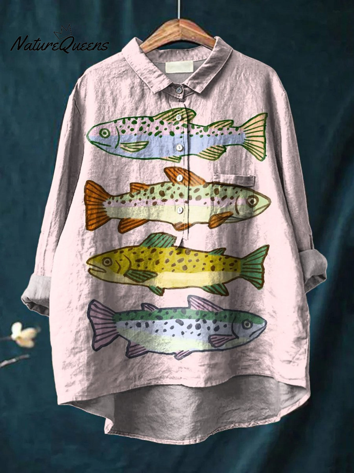 Women's Pink Cartoon Fish Print Casual Cotton And Linen Shirt