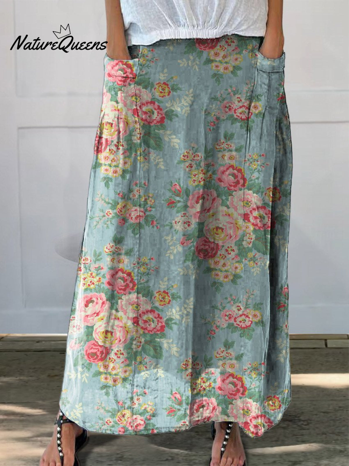 Women’s Retro Floral Art Casual Linen Pocket Skirt