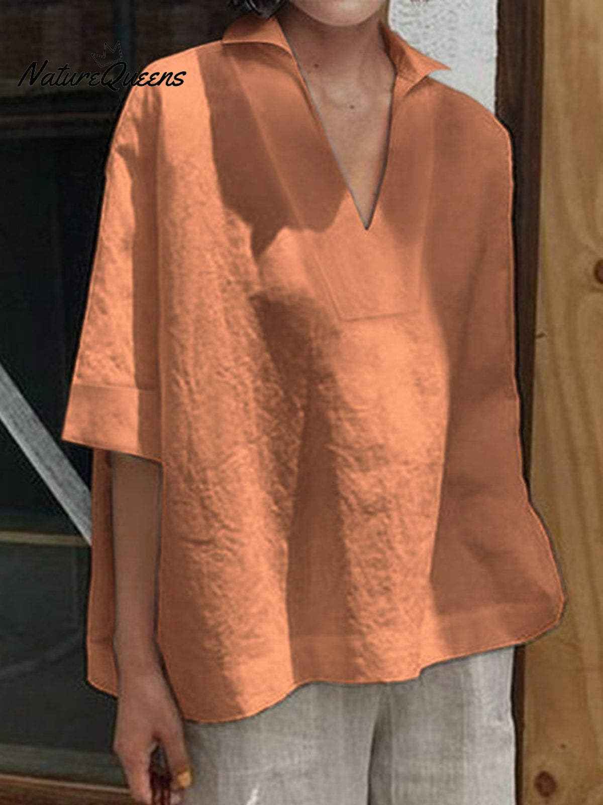 Women’s V - Neck Cotton And Linen Solid Colour Loose Mid - Sleeve Shirt Orange / S