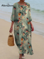 Women's Elegant Orange Floral Print On Green Background Print Pocket Cotton Dress