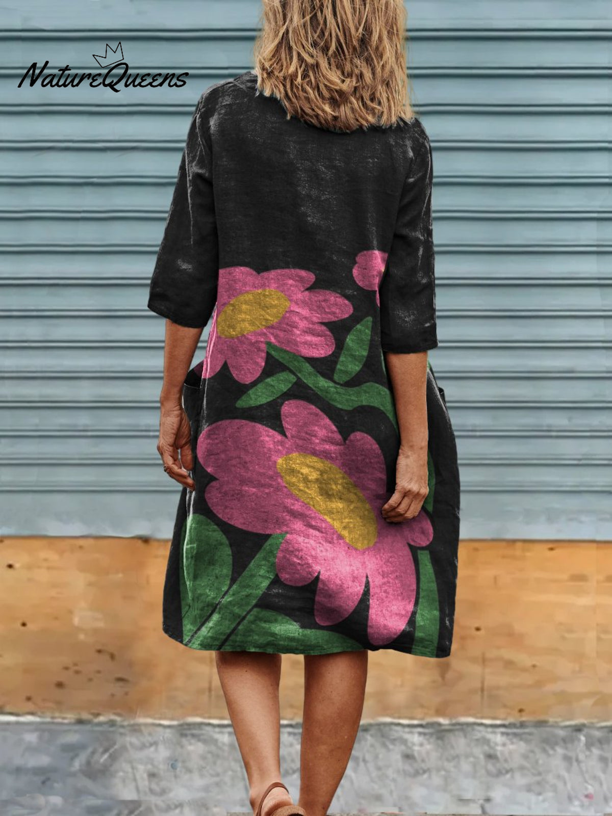 Cute Little Pink Flowers Print Womens Linen Pocket Tunic Dress