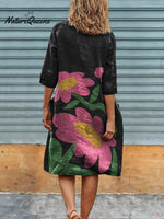 Cute Little Pink Flowers Print Womens Linen Pocket Tunic Dress