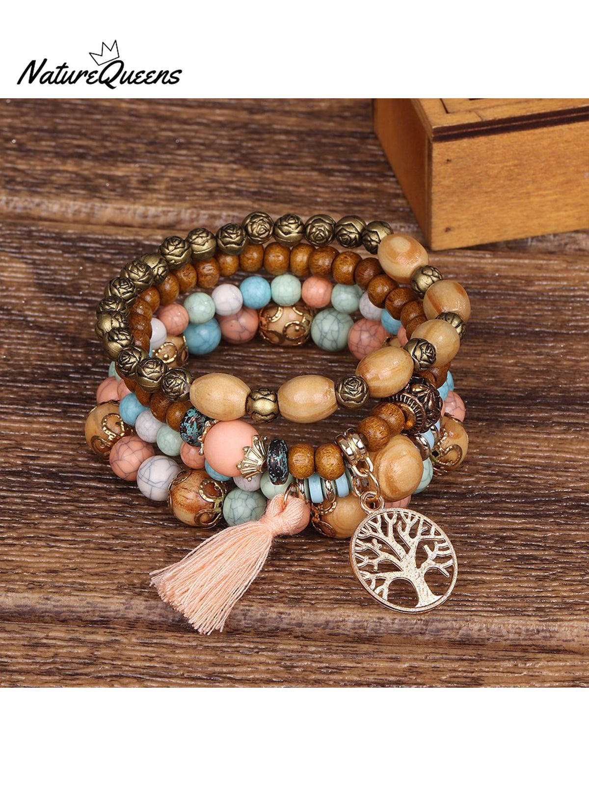 Boho Multi - Layered Wooden Beaded Bracelet 3 / Onesize