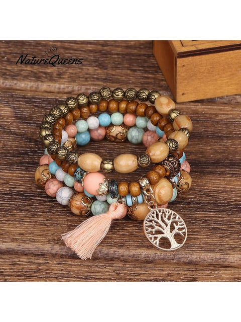 Boho Multi - Layered Wooden Beaded Bracelet 3 / Onesize