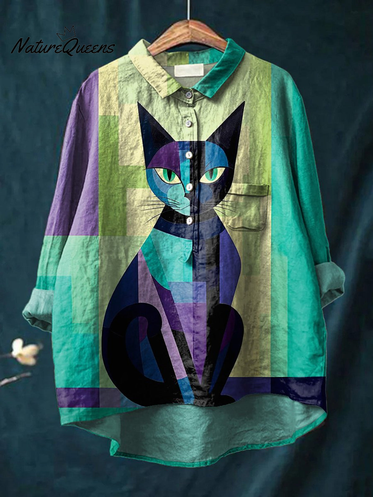 Geometric Cat Graphic Printed Women's Casual Cotton And Linen Shirt