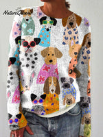 Colorful Cartoon Puppy Print Knit Pullover Sweater