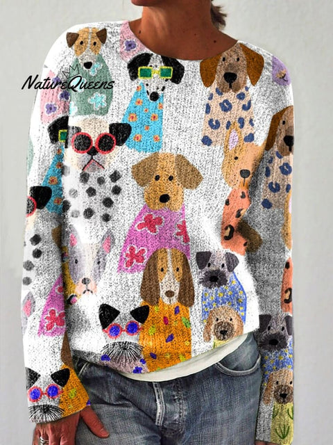 Colorful Cartoon Puppy Print Knit Pullover Sweater