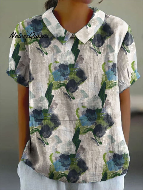 Women's Flower Print Casual Cotton And Linen Shirt