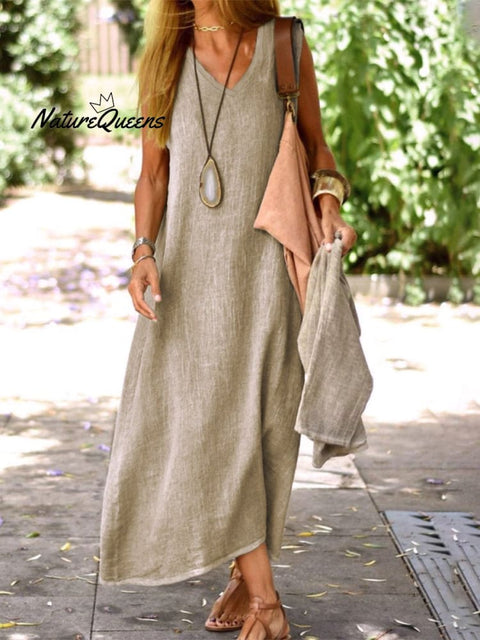 Summer Cotton And Linen Solid Colour Long Dress Khaki / S