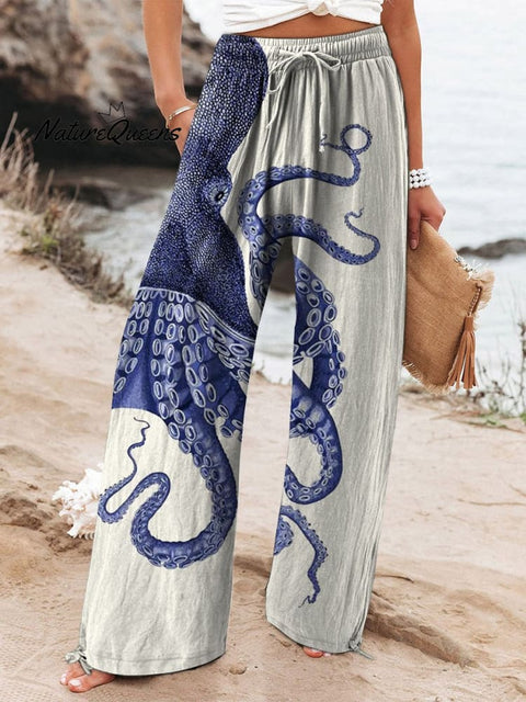 Women's Deep Sea Octopus Tentacles Art Printed Cotton And Linen Casual Pants