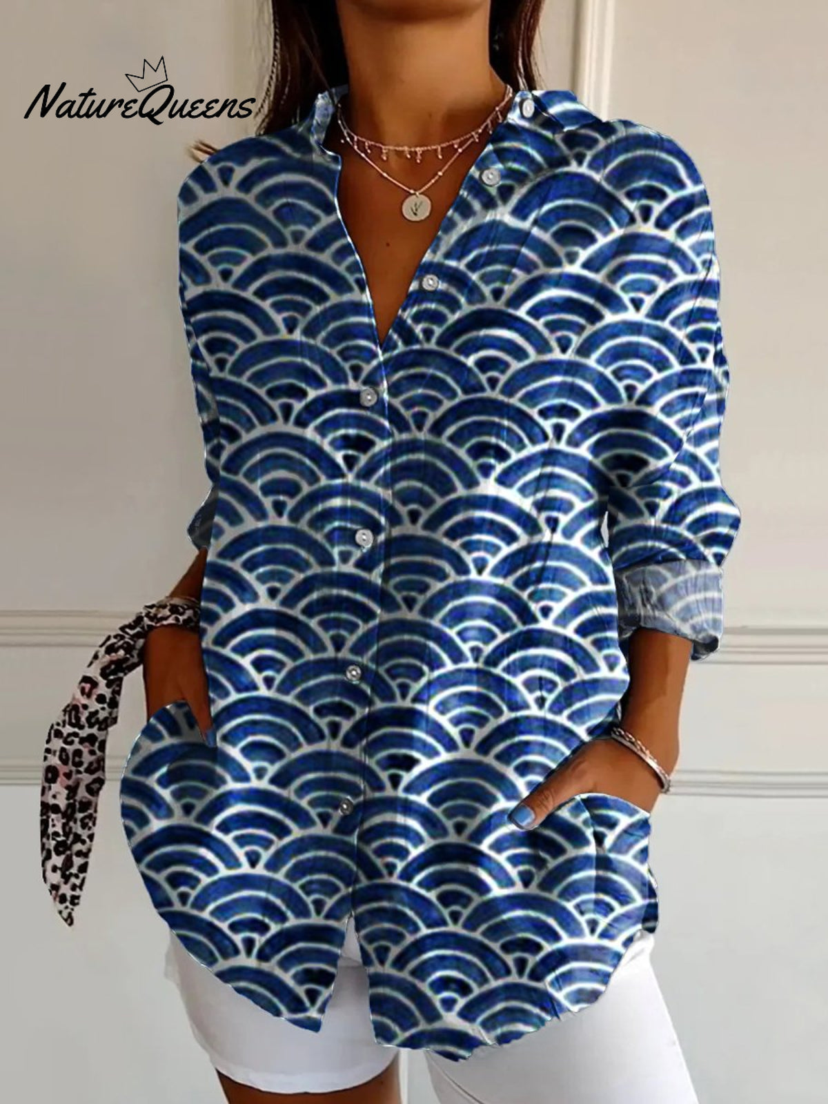 Women's Blue Waves Art Print Casual Cotton Shirt