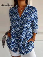 Women's Blue Waves Art Print Casual Cotton Shirt