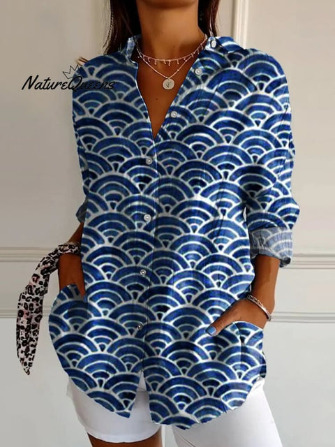 Women's Blue Waves Art Print Casual Cotton Shirt