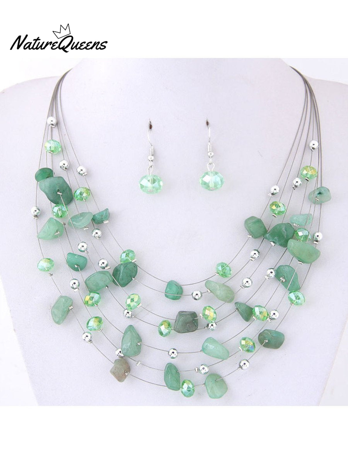 Bohemian Crystal Layered Necklace And Earrings Set Green / Onesize