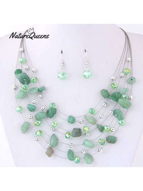 Bohemian Crystal Layered Necklace And Earrings Set Green / Onesize