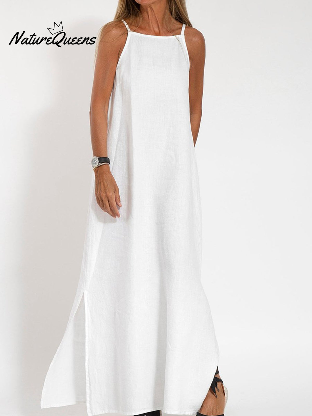 Fashionable Casual Cotton And Linen Slit Slip Dress White / S