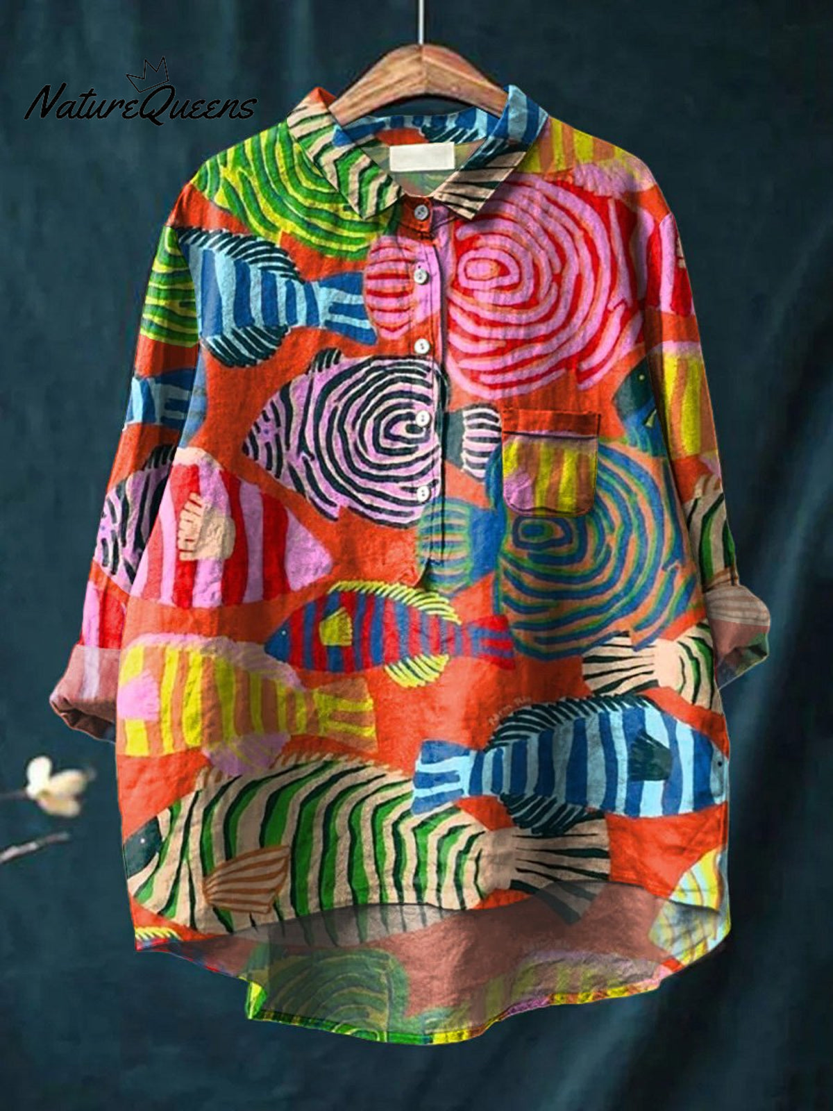 Colorful Abstract Fish Repeat Pattern Printed Women's Casual Cotton And Linen Shirt